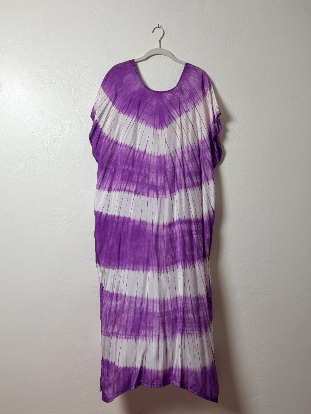 Vintage Silk Purple White Tie Dye Caftan Maxi Dress